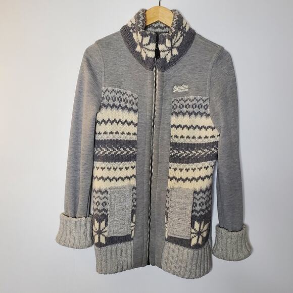 Superdry Grey fleece lined grey knit front sweater jacket Size Large coatigan - Picture 1 of 12